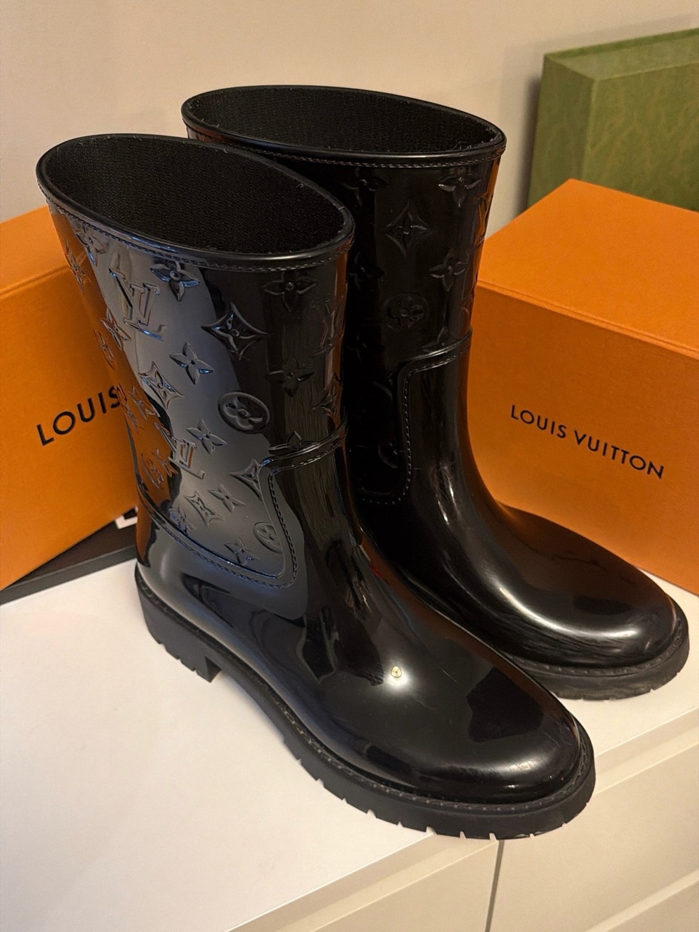 Louis Vuitton Drops Black Monogram Mid-Calf Rain Boots
